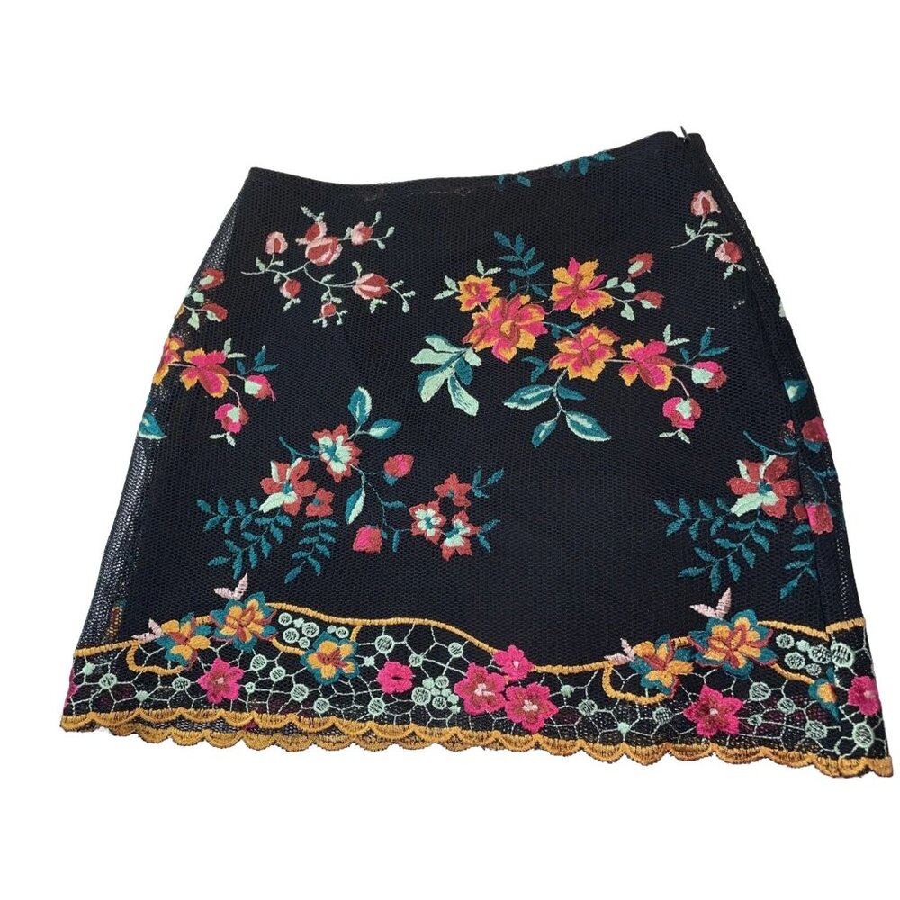 Top Shop Floral Embroidery Black Mini Skirt Mesh Layered Scalloped BOHO Size 2 - Picture 2 of 16